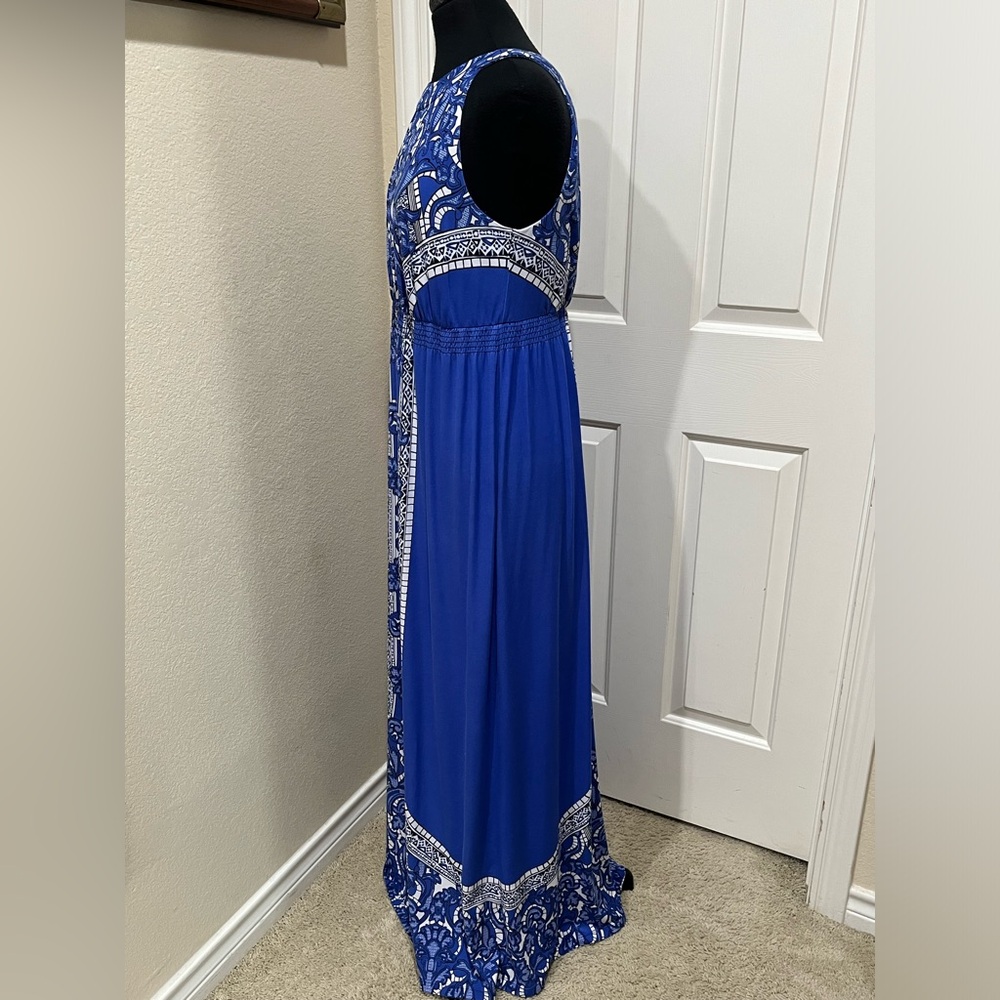 SOMA INTIMATE MAXI HALTER DRESS Blue and White ABSTRACT FLORAL PRINT SIZE L - Picture 6 of 12